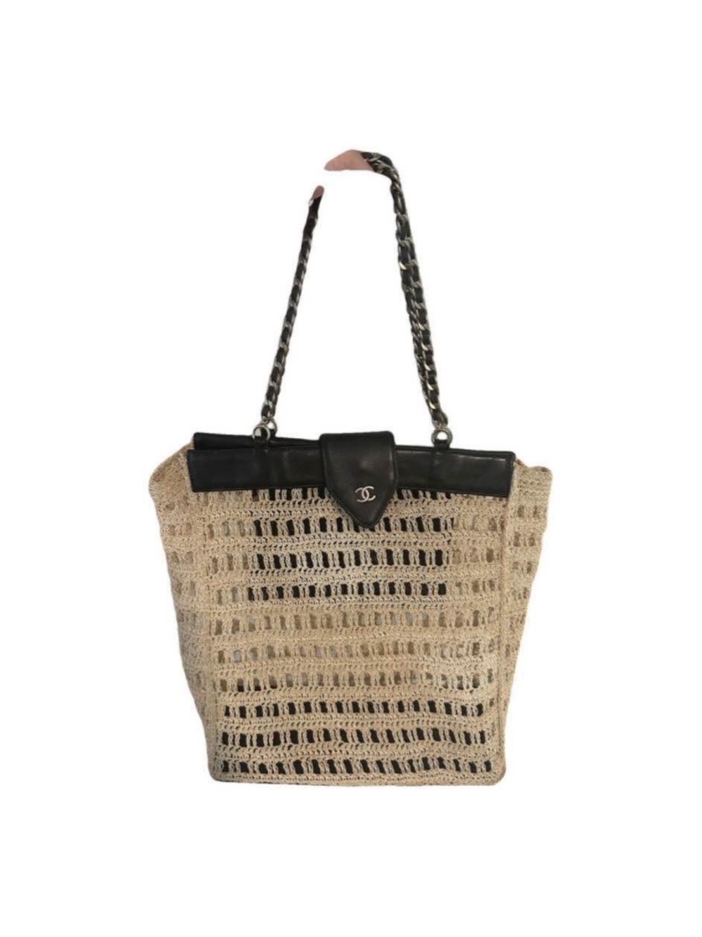 CHANEL Beige Crochet Tote with Black Leather Trim and Chain Strap